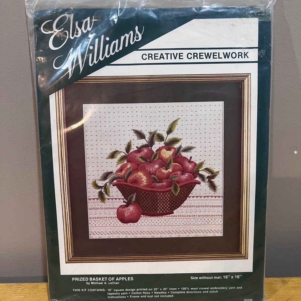 Elsa Williams‎ Prized Basket of Apples Crewel Embroidery Kit 00298 Vintage 16x16